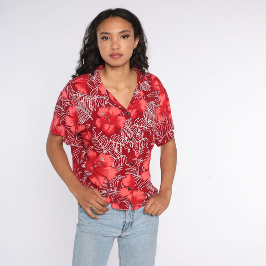 80s Red Hawaiian Floral Shirt Button Up Tropical Blouse Large L