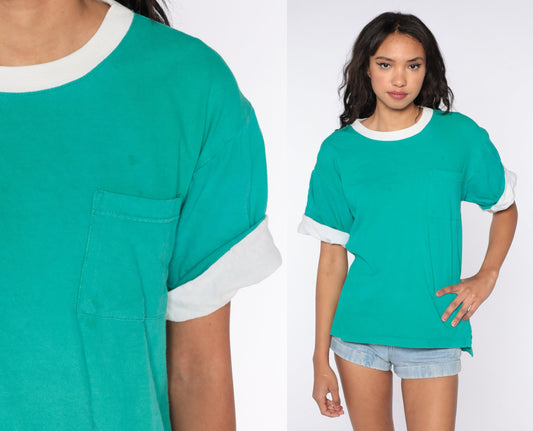 80s Green Cotton T-Shirt Pocket Chest Cuffed Sleeves Medium