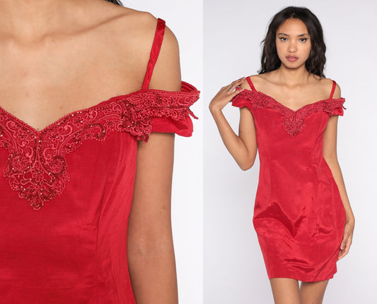 80s Zum Zum Red Off-Shoulder Mini Dress Glitter Trim Bodycon Small