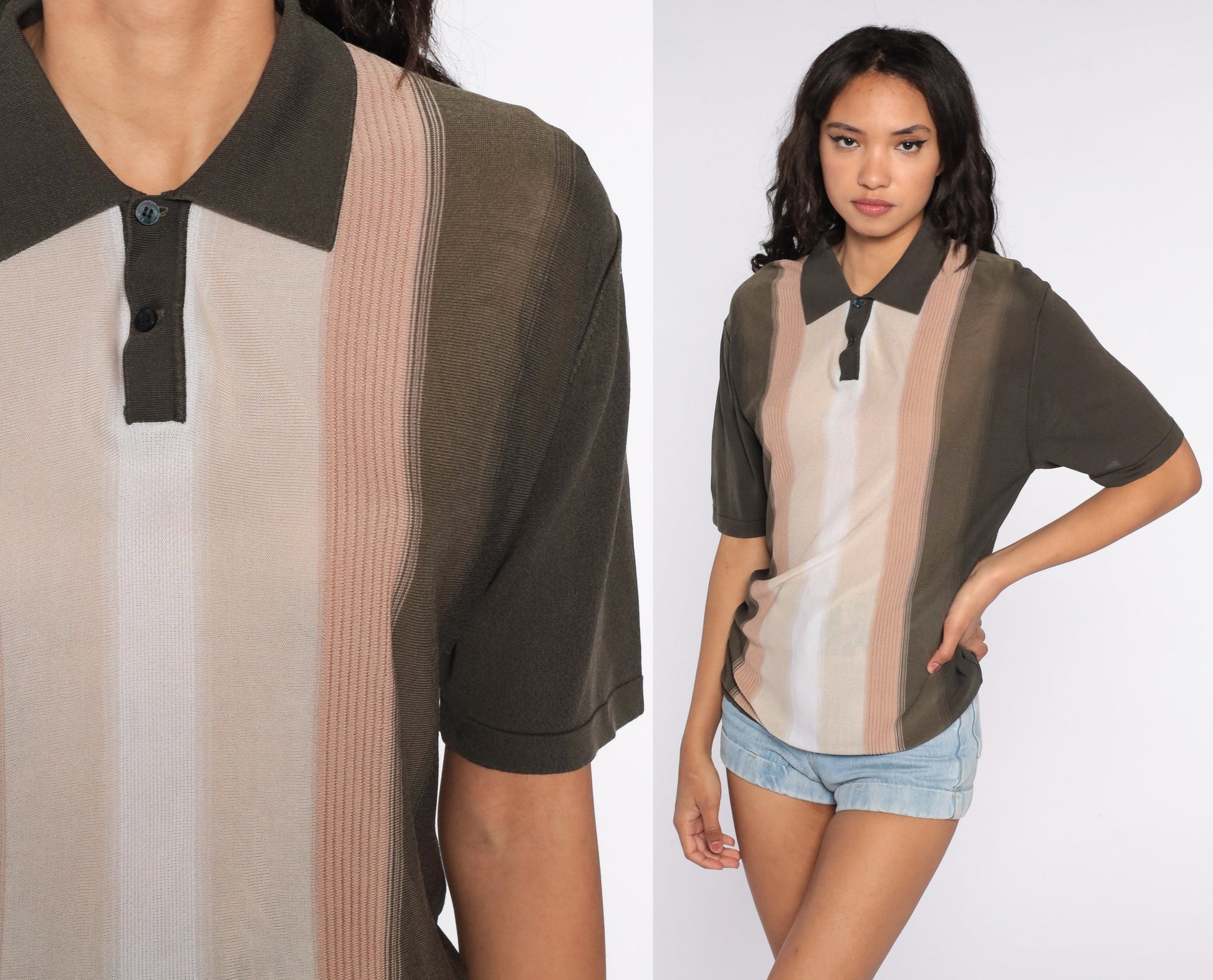 80s Brown Striped Polo Shirt Half Button Chest Medium
