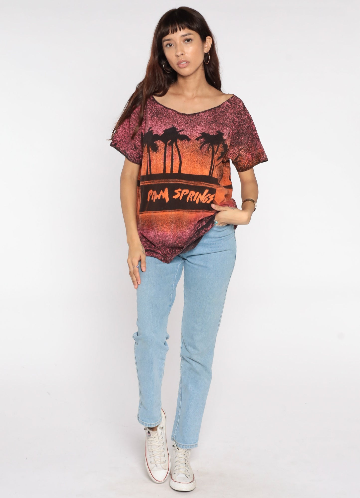 90s Palm Springs California Sunset Graphic T-Shirt Orange Pink Large