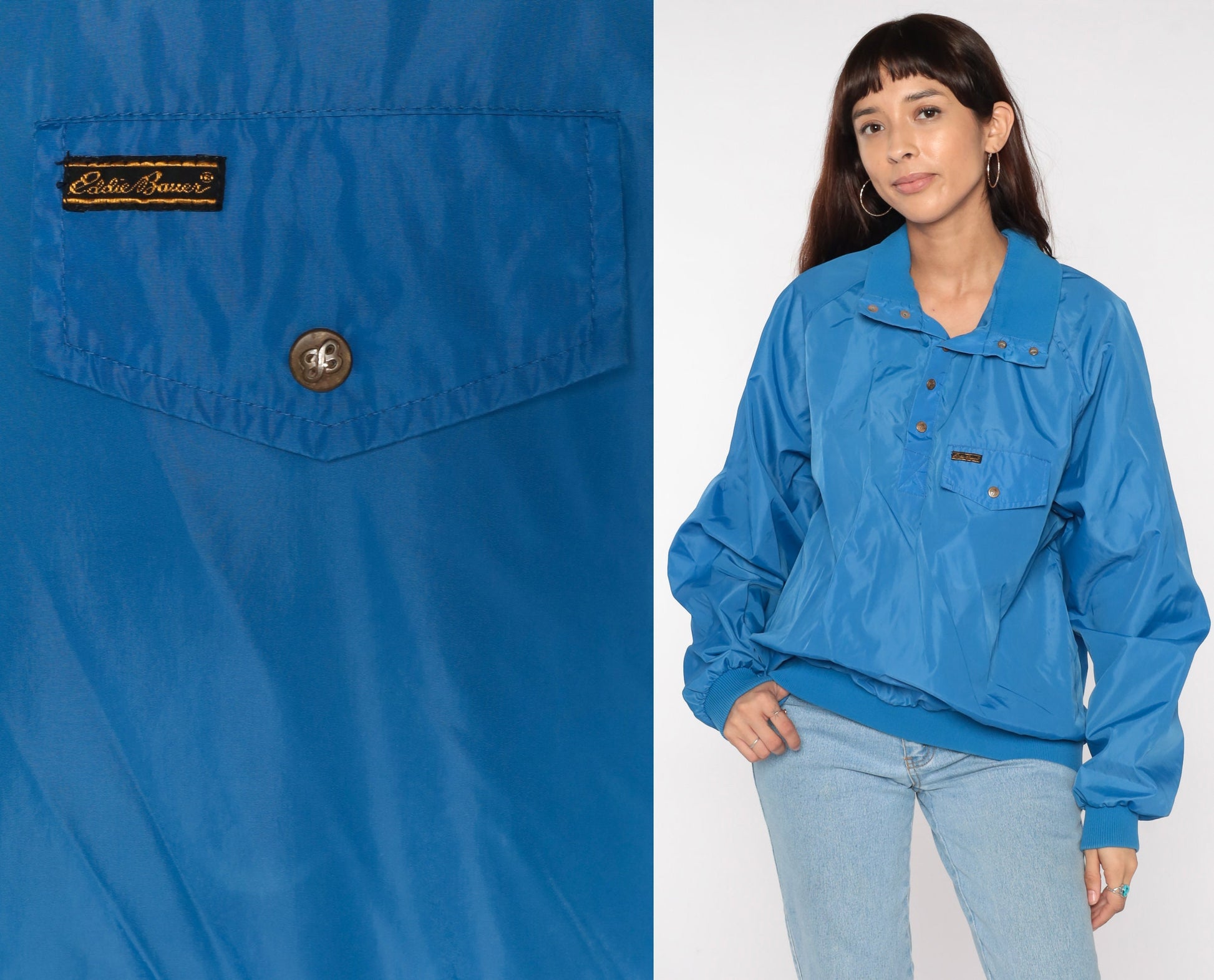 80s Eddie Bauer Half-Snap Windbreaker Pullover Blue Nylon Shell Extra Large