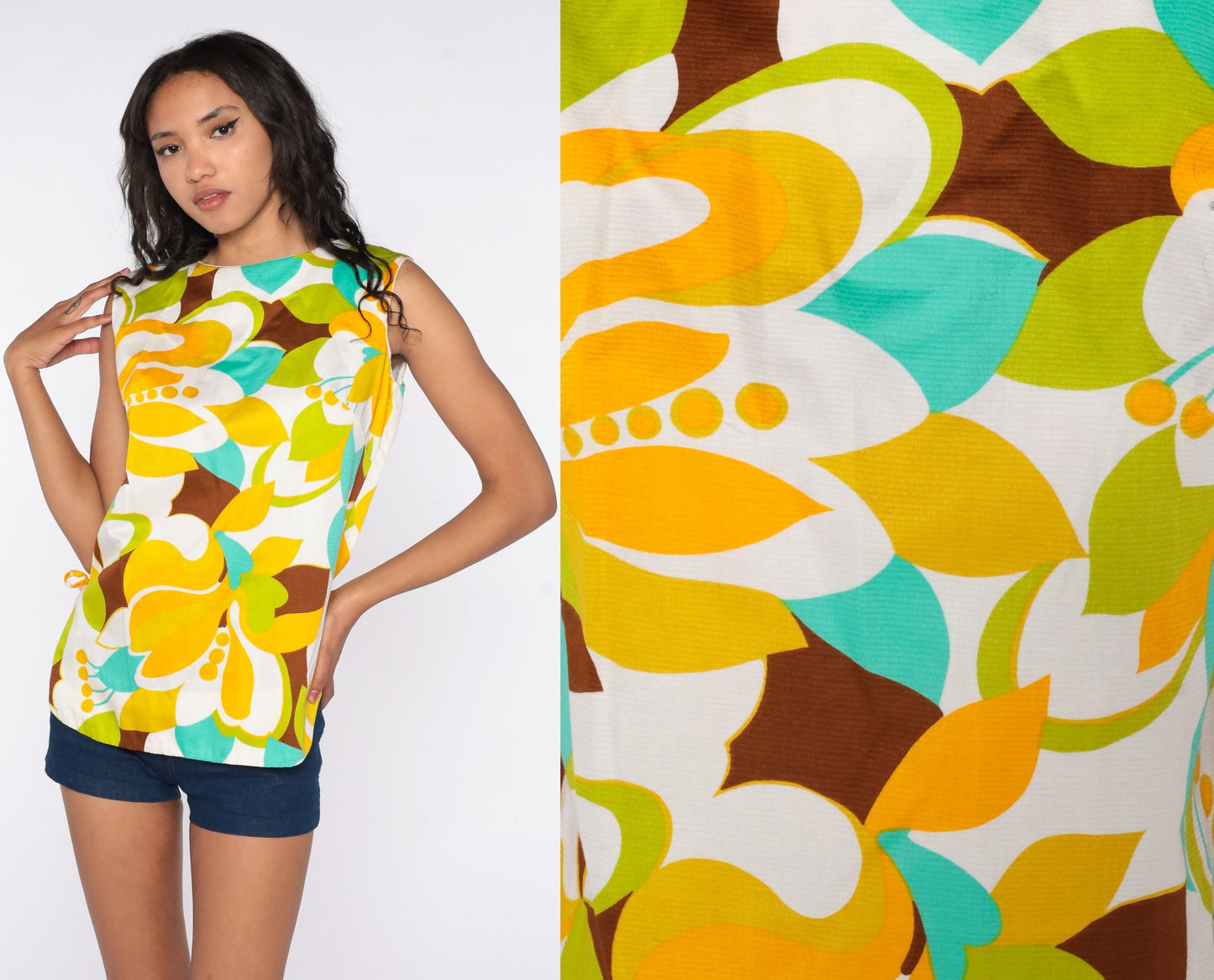 70s Floral Tank Top Tropical Print Sleeveless Blouse Medium