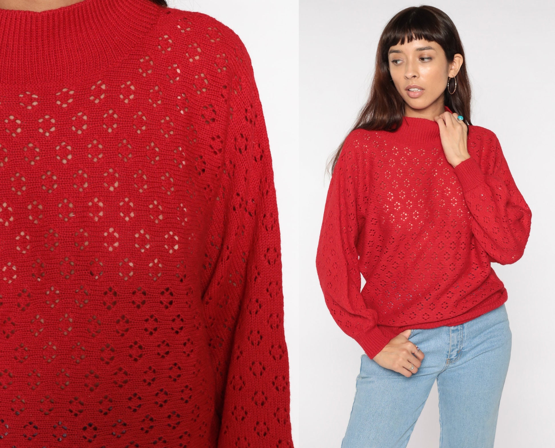 80s Red Crochet Sweater Dolman Sleeve Mock Neck Sheer Knit Medium