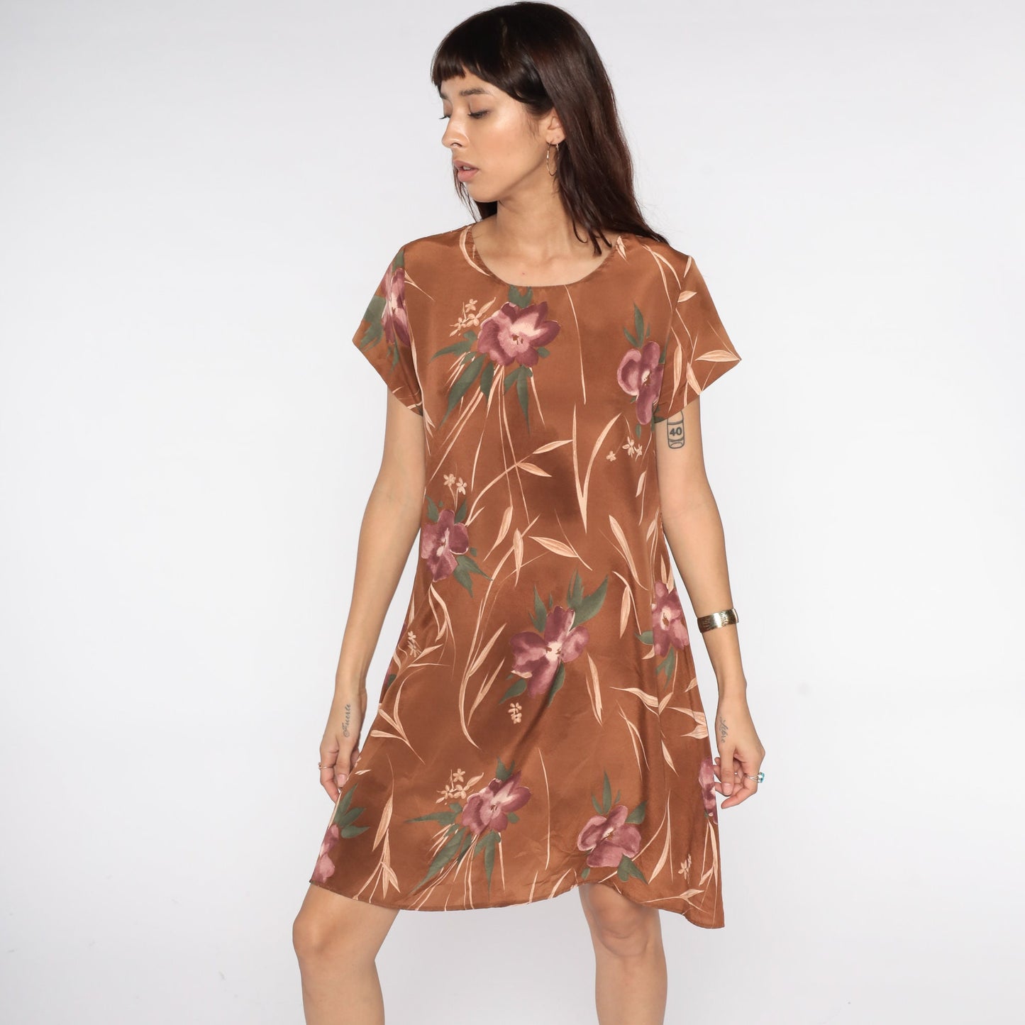 90s Brown Floral Mini Dress Shift Cut Short Sleeve Medium