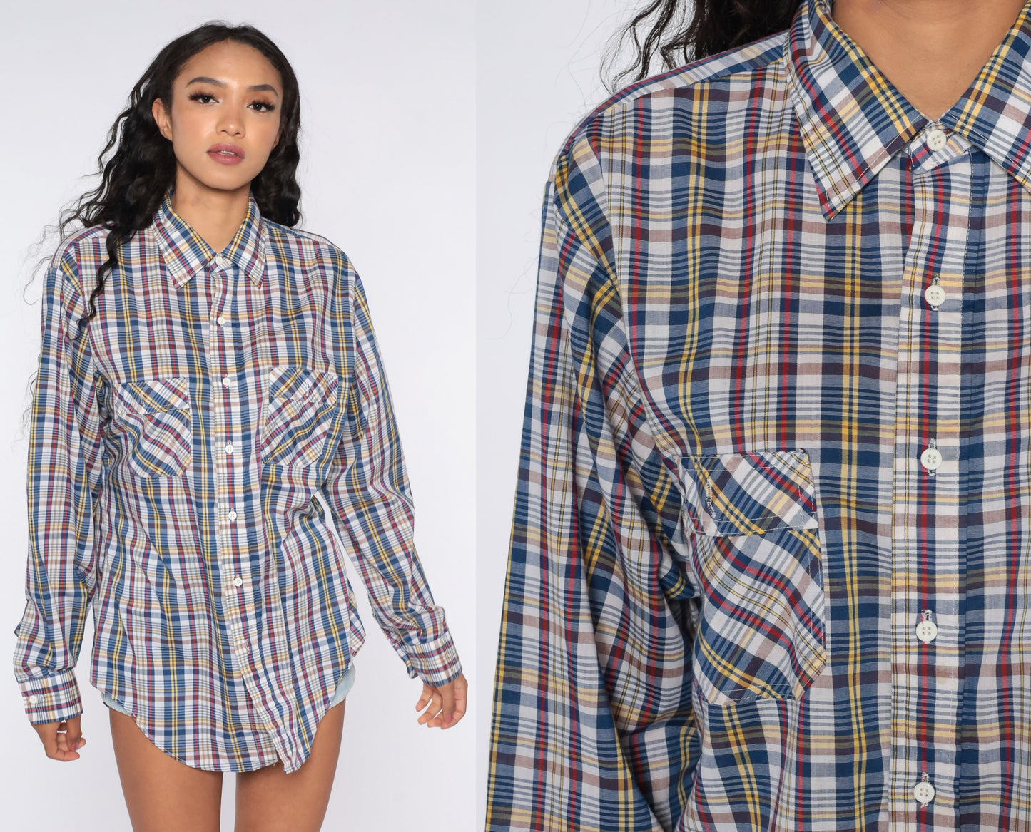 80s Blue Red Plaid Button-Up Shirt Cotton Checkered Oxford Large
