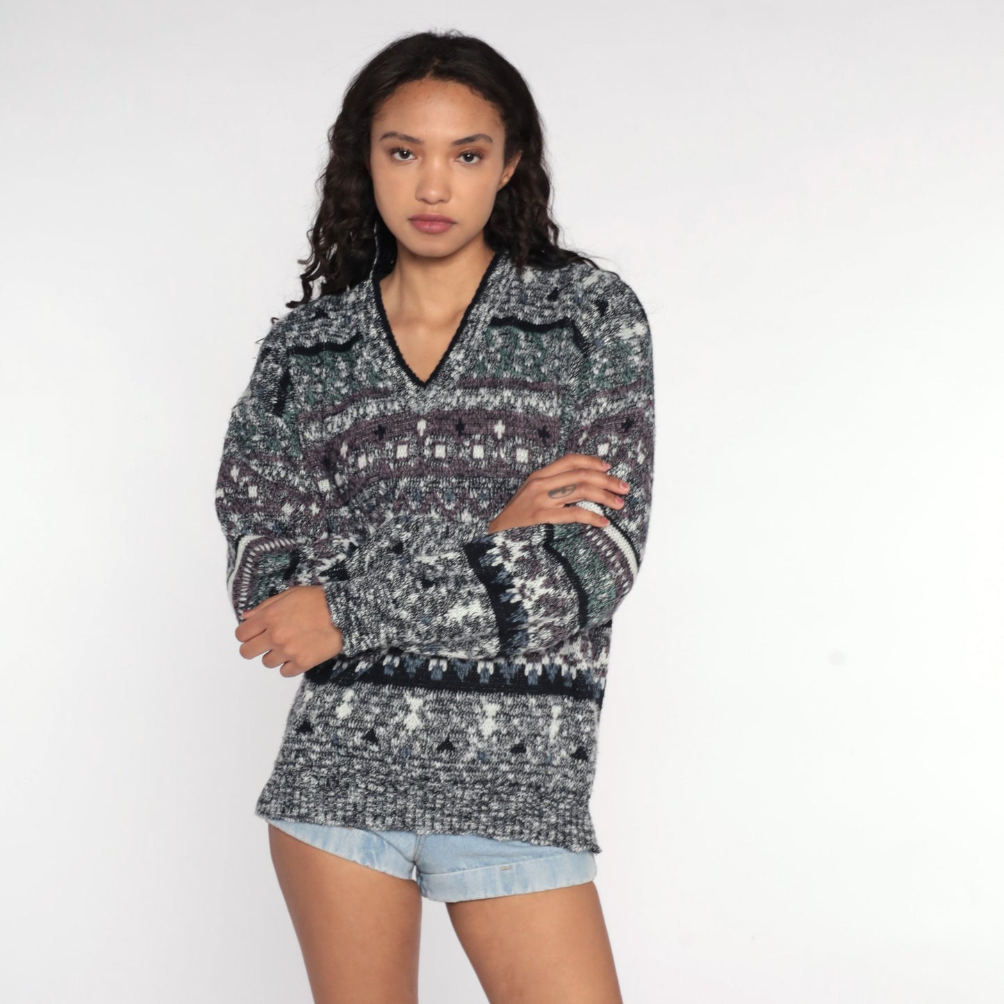 80s Geometric Flecked Grey Striped Knit Sweater V Neck Pullover Medium
