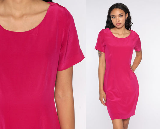 90s Hot Pink Silk Shift Dress Mini Short Sleeve Small 6
