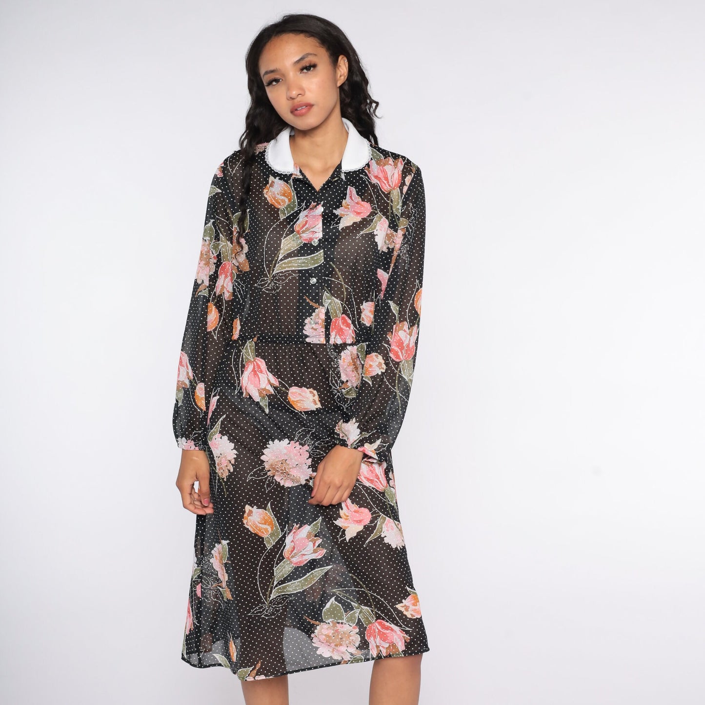 80s Black Floral Sheer Midi Dress Long Sleeve Button Up High Waist Large