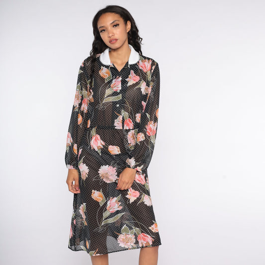80s Black Floral Sheer Midi Dress Long Sleeve Button Up High Waist Large