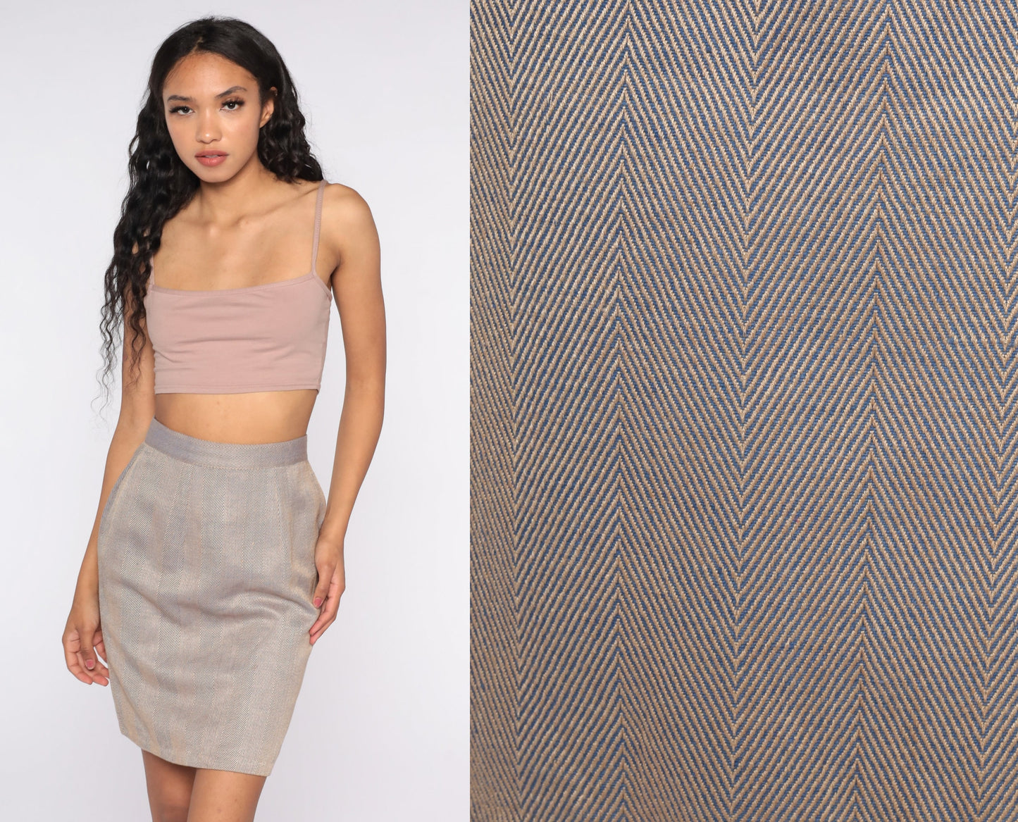 80s Herringbone Pencil Skirt High Waist Mini Wiggle Checkered Small