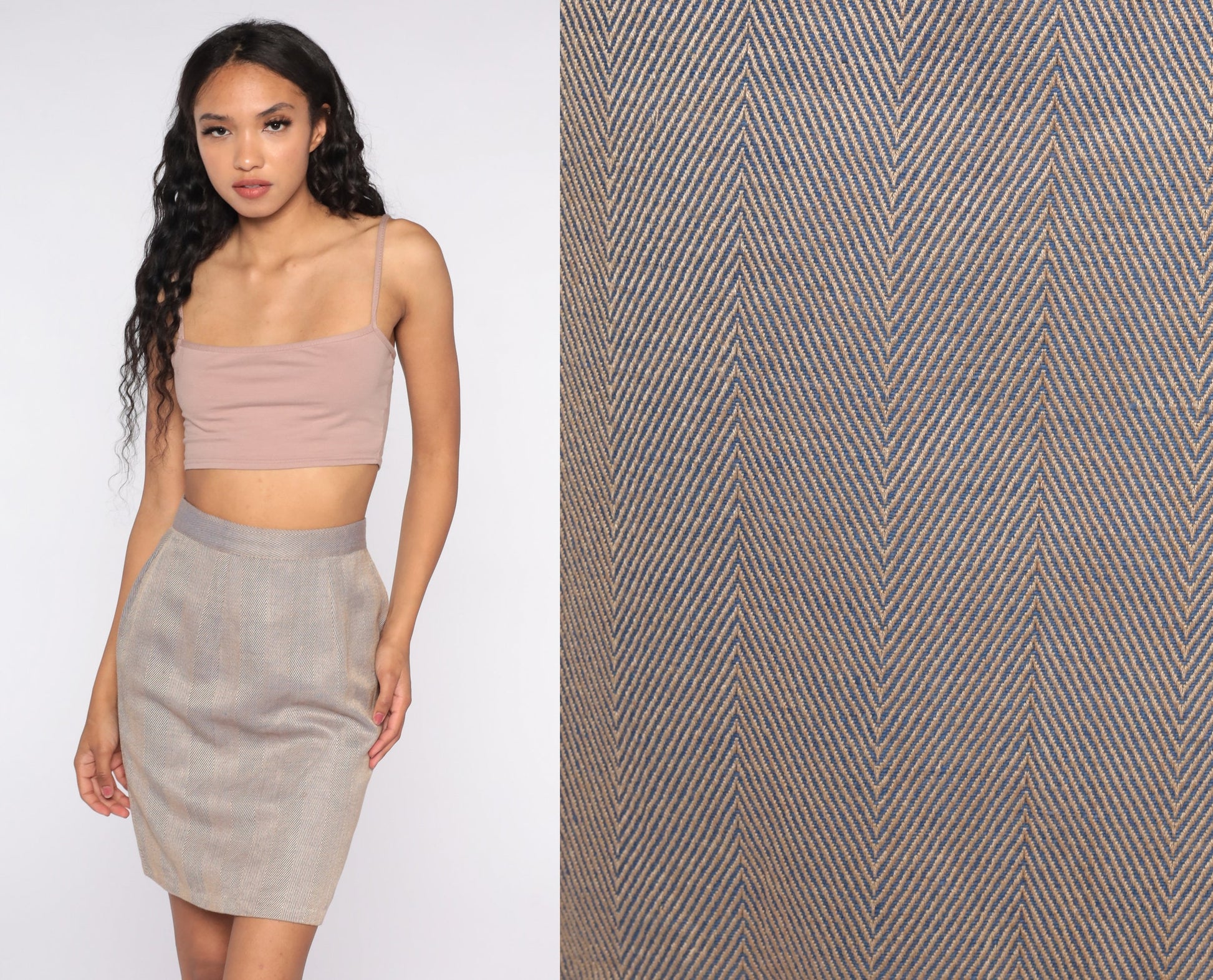 80s Herringbone Pencil Skirt High Waist Mini Wiggle Checkered Small