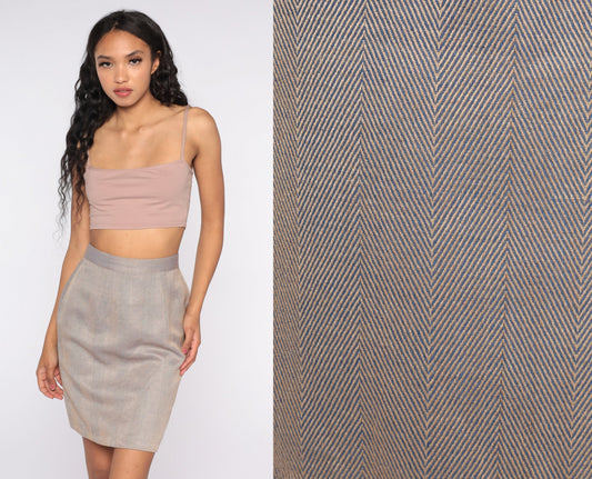 80s Herringbone Pencil Skirt High Waist Mini Wiggle Checkered Small