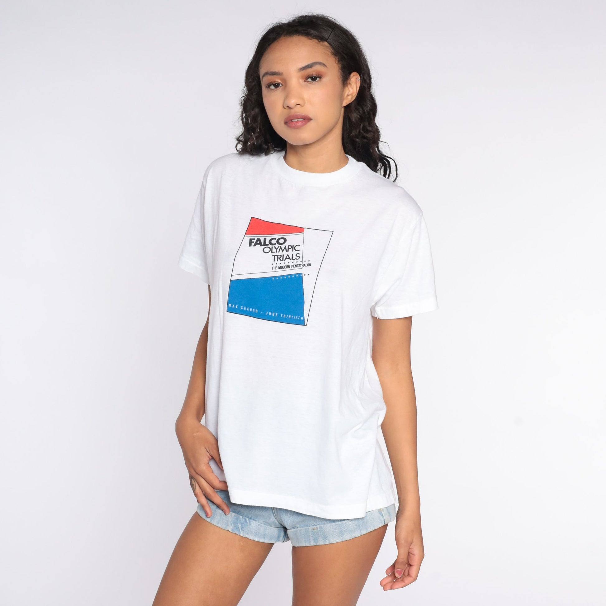 90s Falco Olympic Trials Modern Pentathlon Graphic T-Shirt Cotton Medium