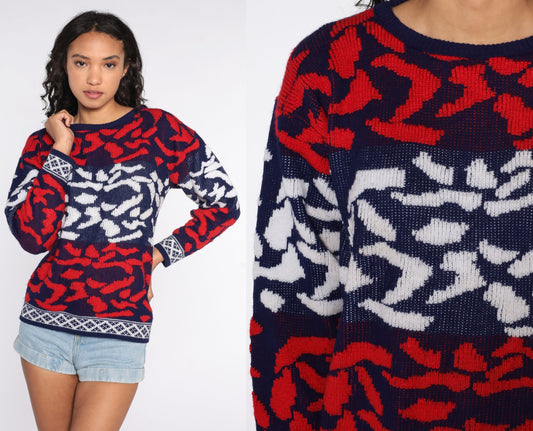 80s Abstract Print Knit Sweater Red White Blue Crewneck Medium