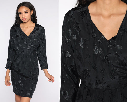 80s Black Floral Embossed Mini Wrap Dress High Waisted V Neck Small S
