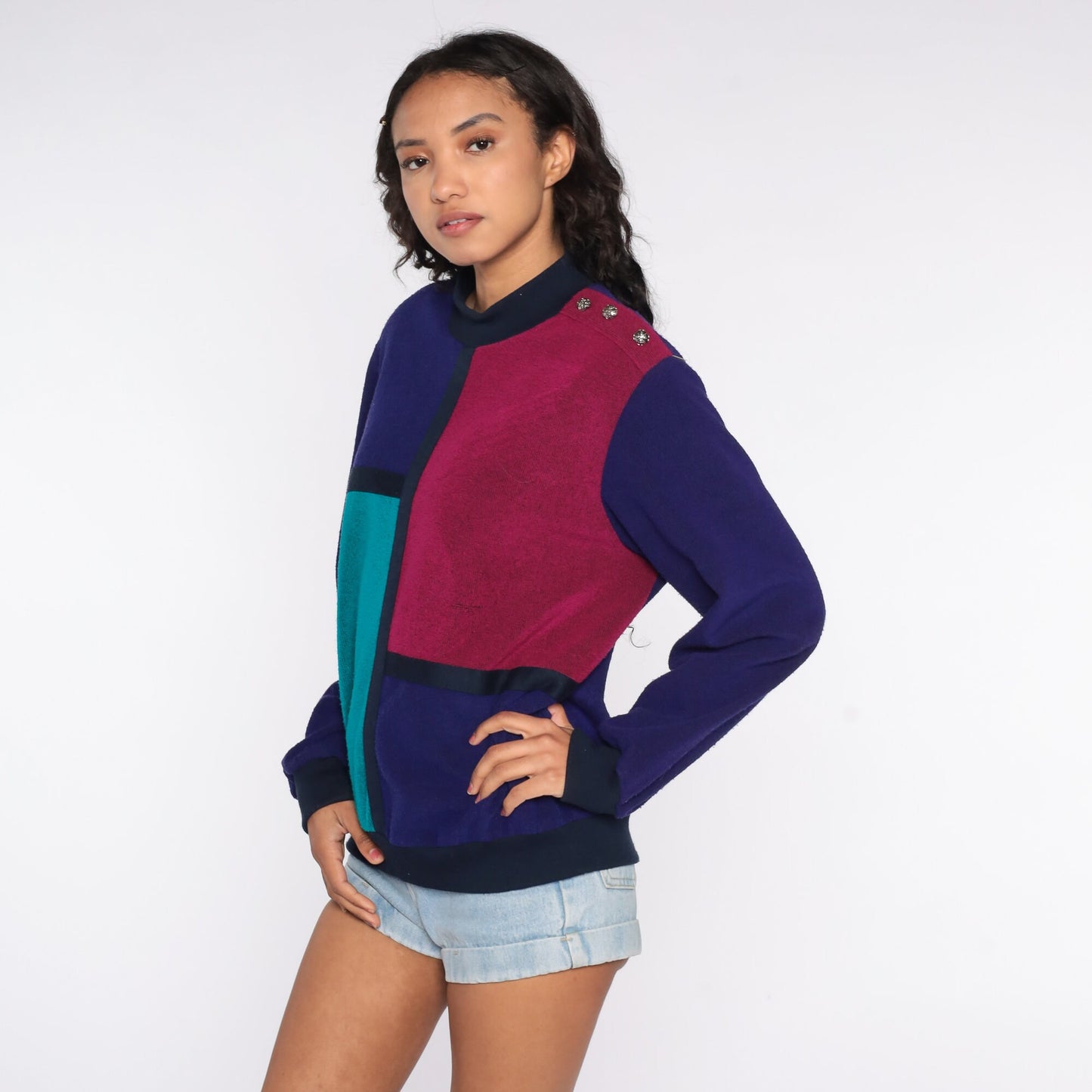 80s Color Block Sweatshirt Purple Turquoise Crewneck Pullover Medium