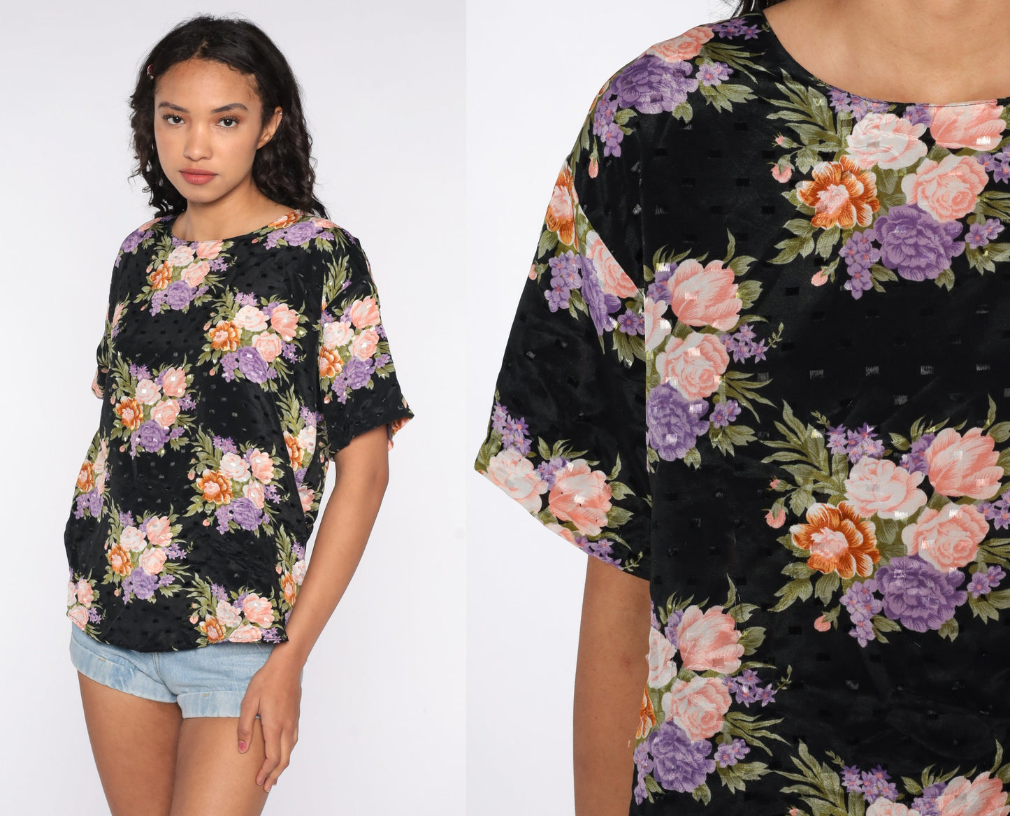 80s Black Floral Embossed Blouse Short Sleeve Shirt Plus Size 14W