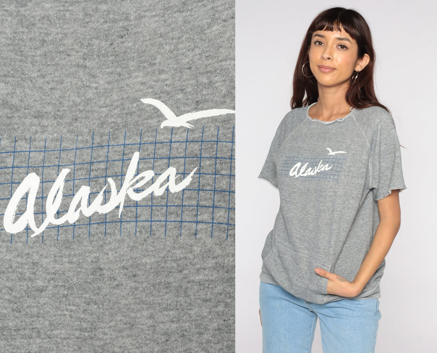 80s Alaska Seagull Graphic Sweatshirt Short Sleeve Kangaroo Pocket Grey Medium