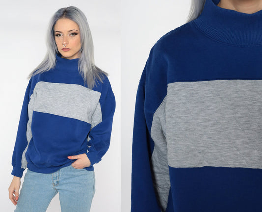 90s Navy Blue Grey Quilted Color Block Sweatshirt Funnel Neck Small