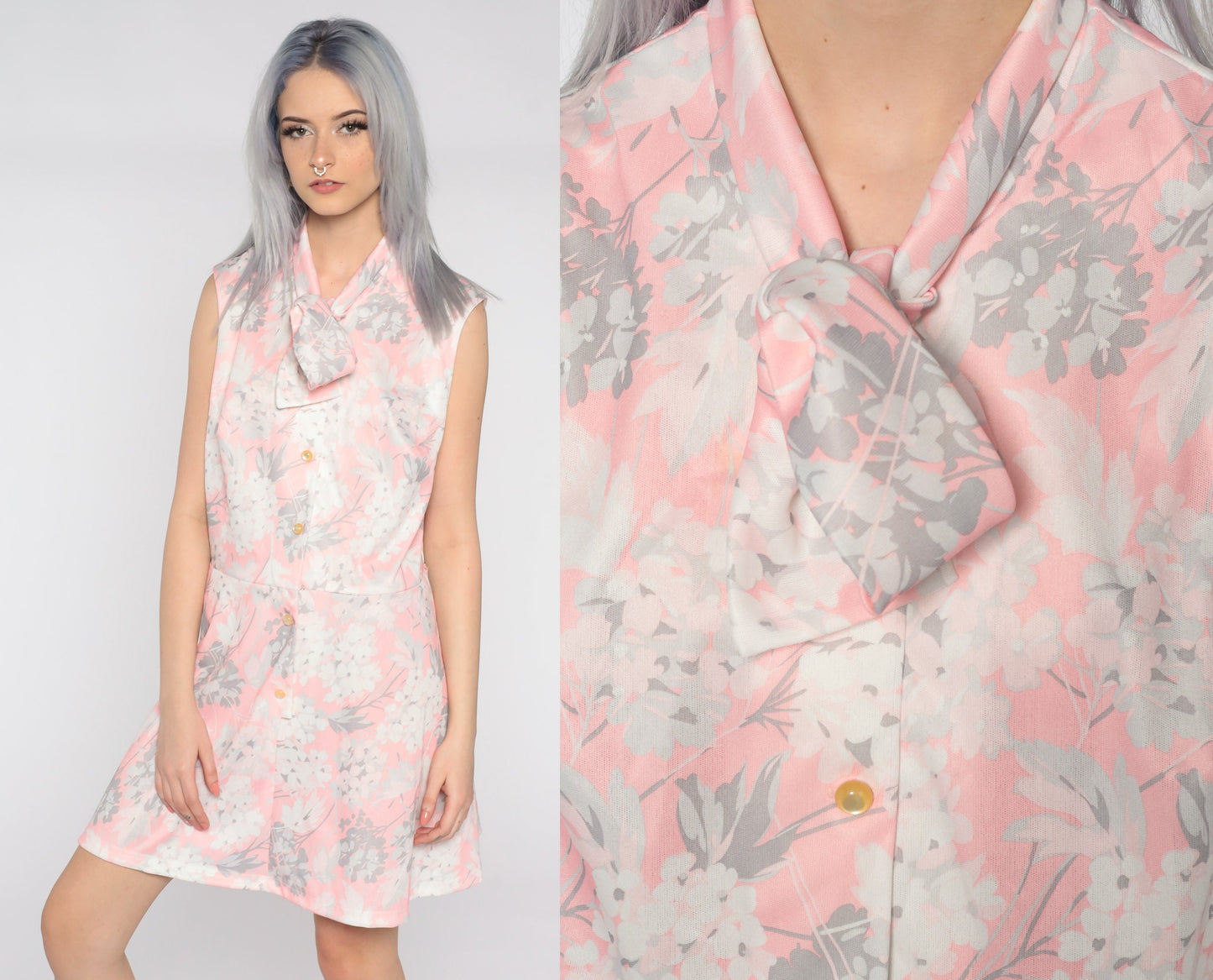 70s Floral Mini Dress Pink White Grey Button-Up High Waist Sleeveless Extra Large