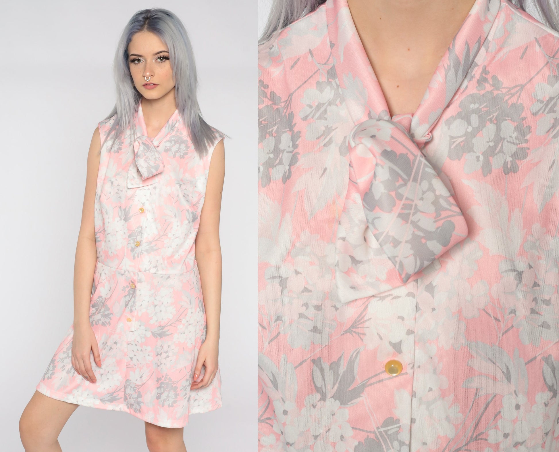 70s Floral Mini Dress Pink White Grey Button-Up High Waist Sleeveless Extra Large