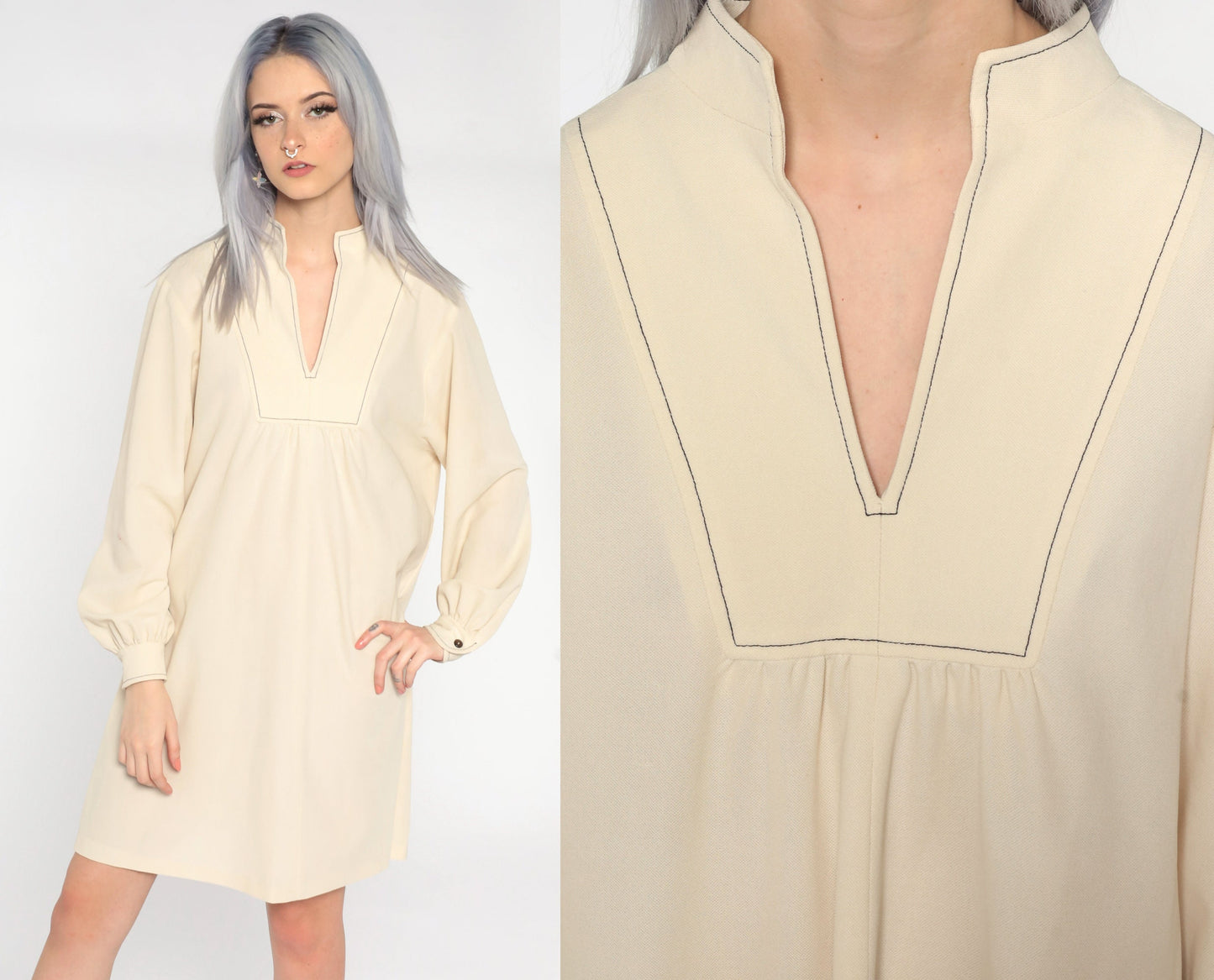 1960s Cream Shift Dress V-Neck Long Sleeve Mod Mini Polyester Large L