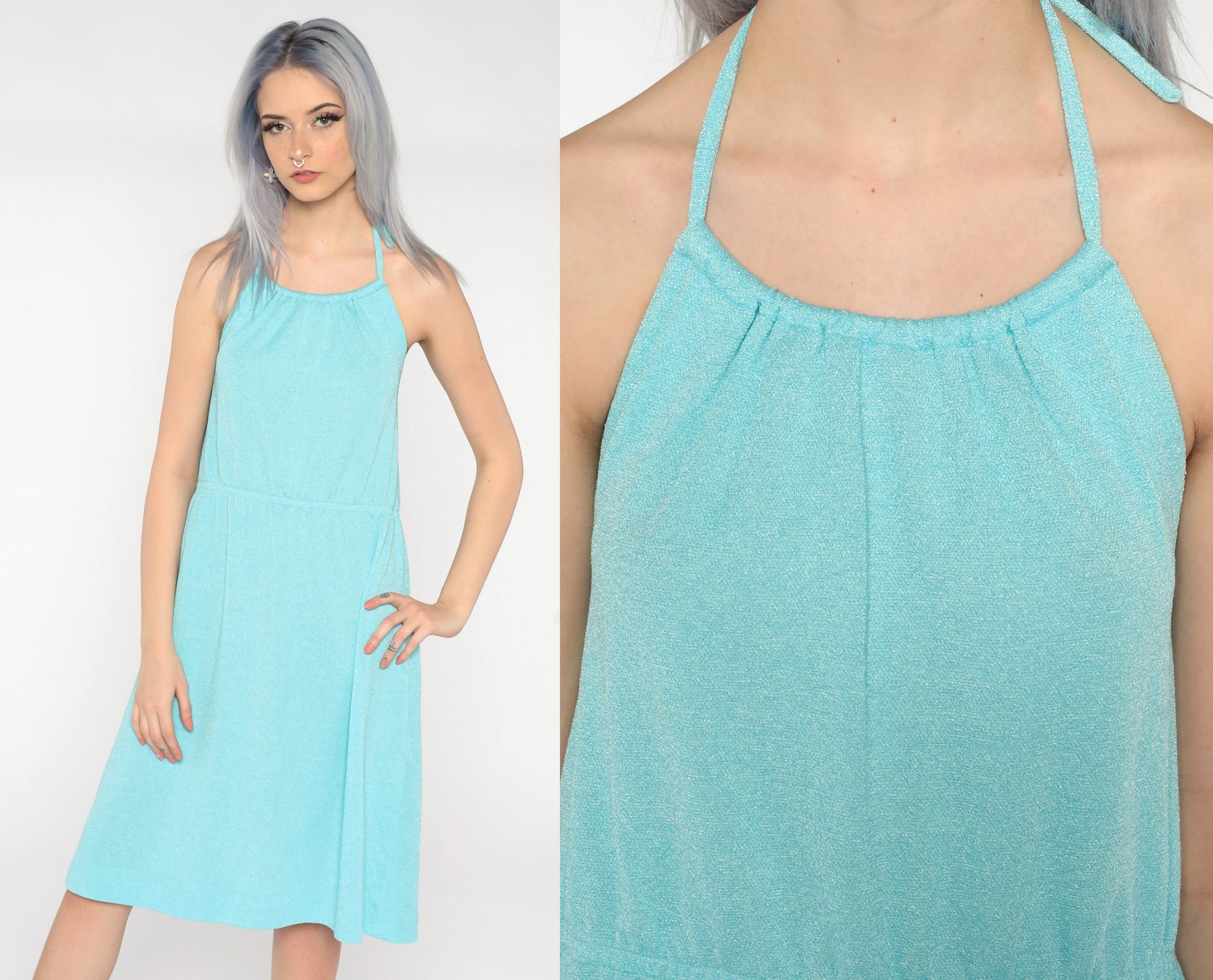 70s Aqua Blue Halter Midi Sundress High Waist Small Medium