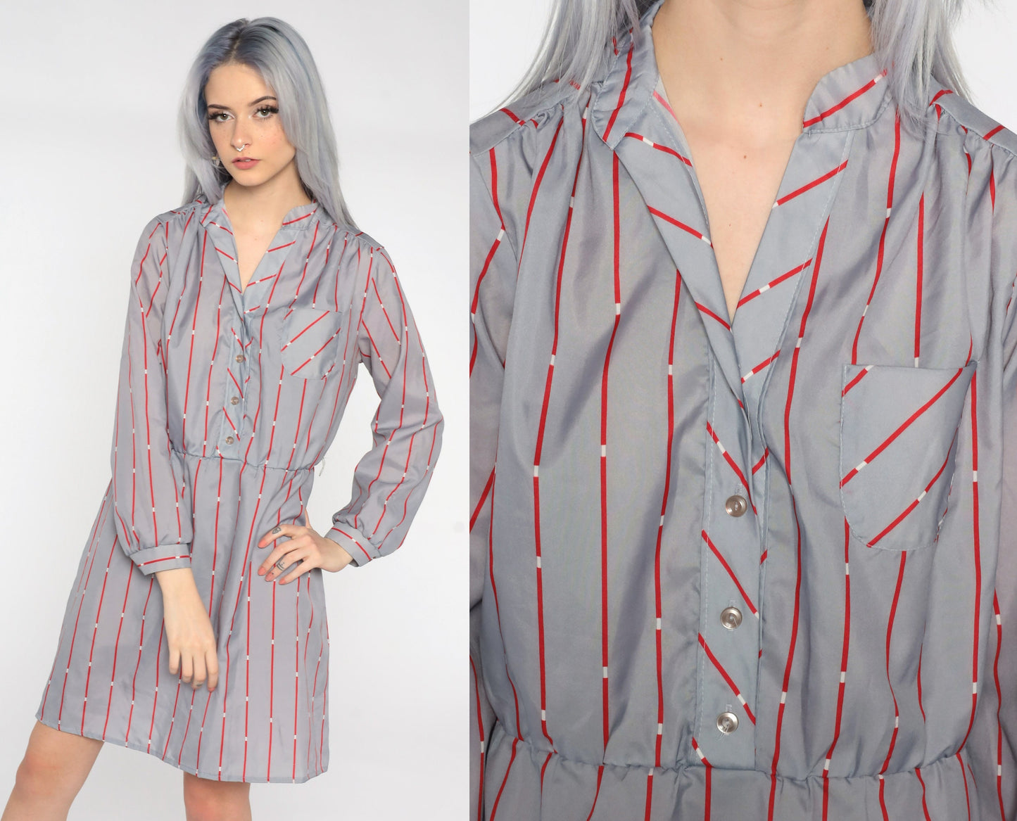 80s Striped Button-Up Mini Dress Grey Red Shirtdress Medium