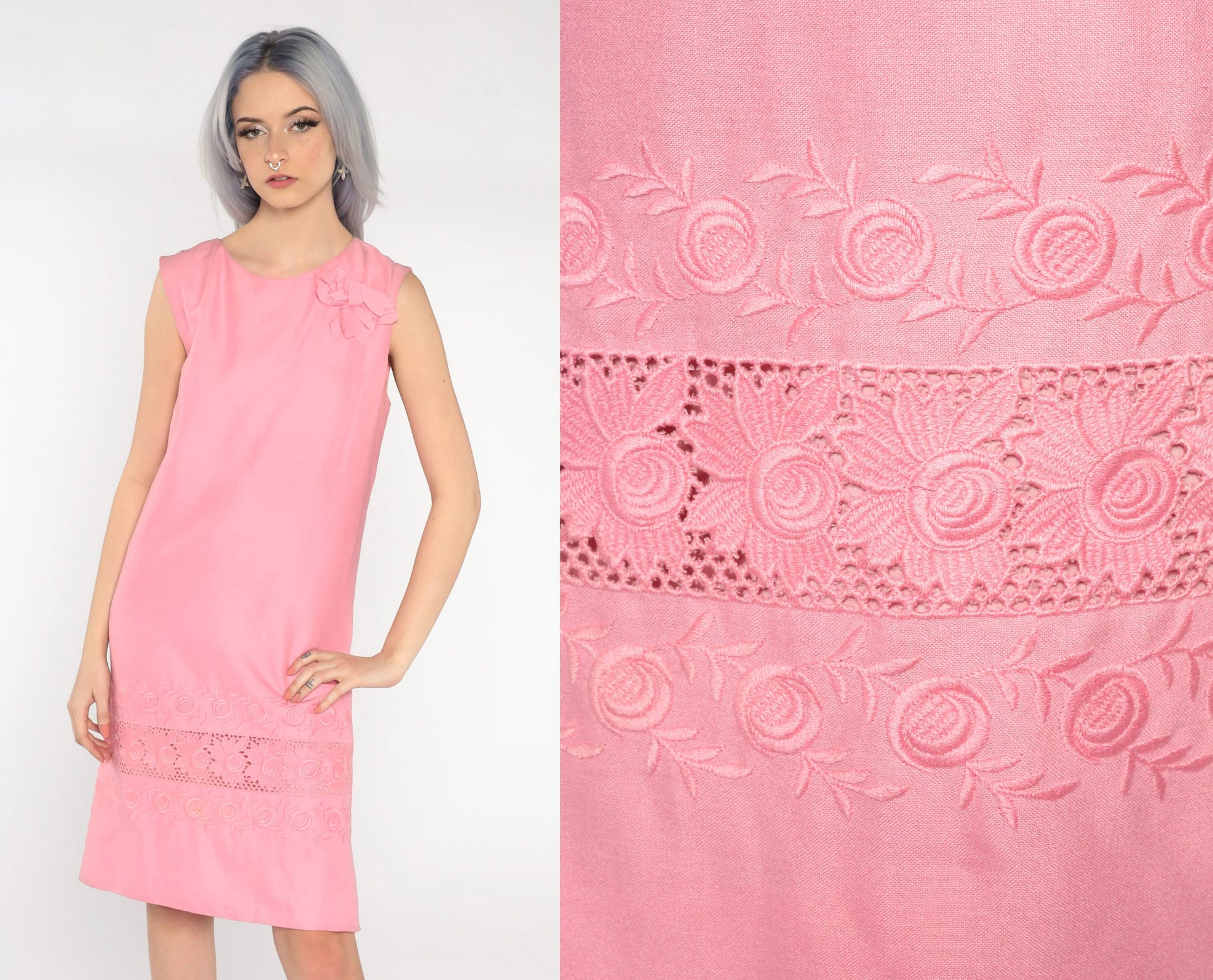 60s Floral Embroidered Shift Mini Dress Pink Sleeveless Small Medium