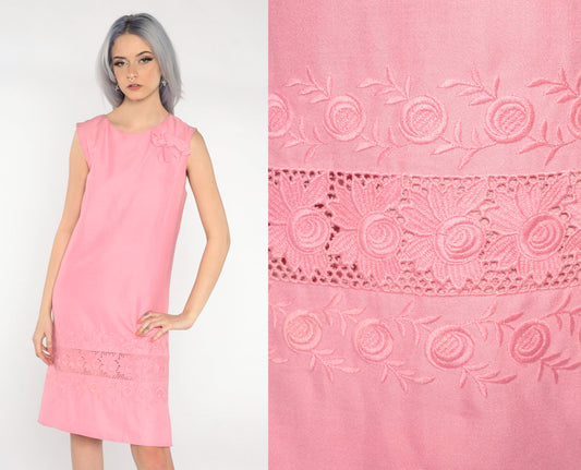 60s Floral Embroidered Shift Mini Dress Pink Sleeveless Small Medium