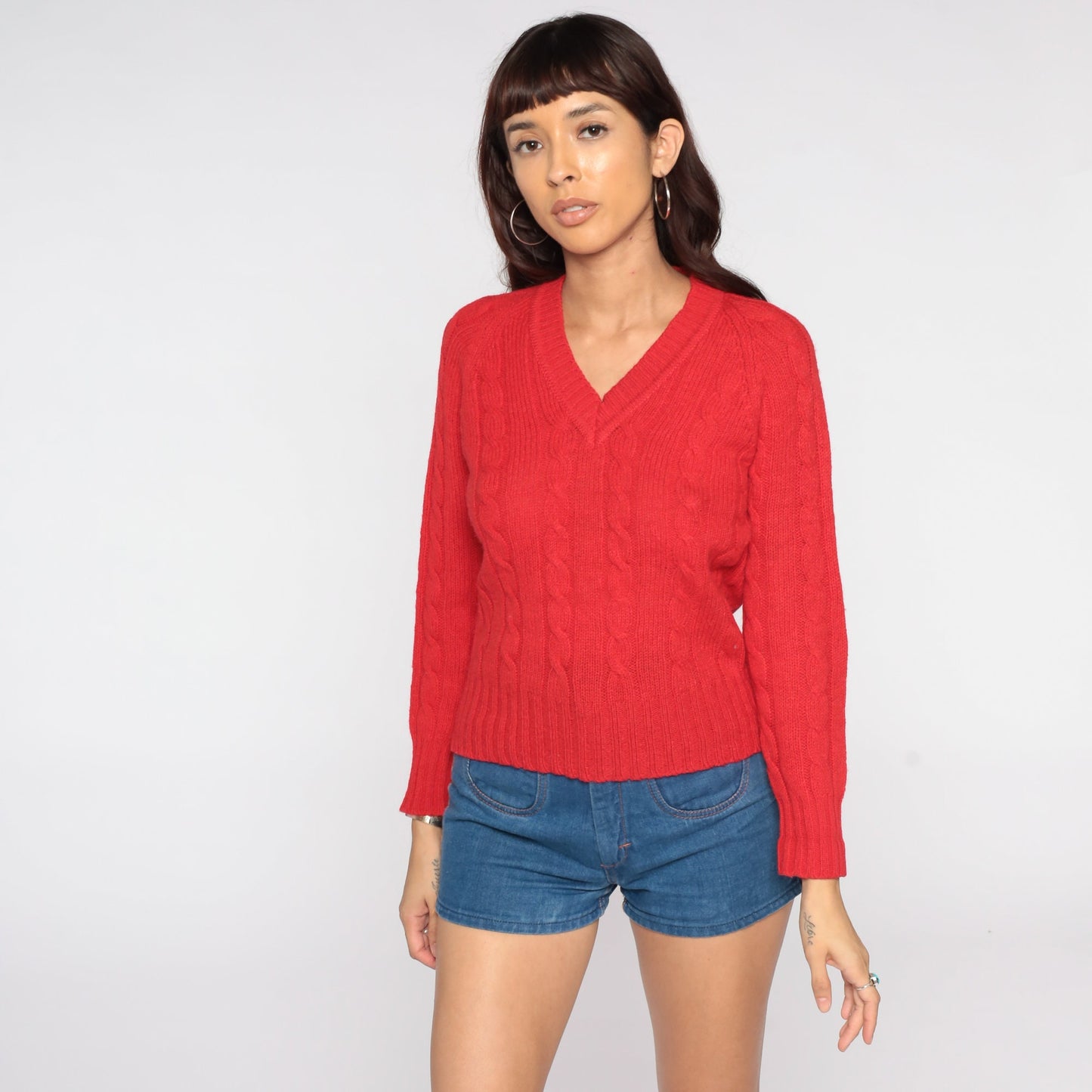 70s Red Wool Cable Knit Sweater Pullover Small Medium