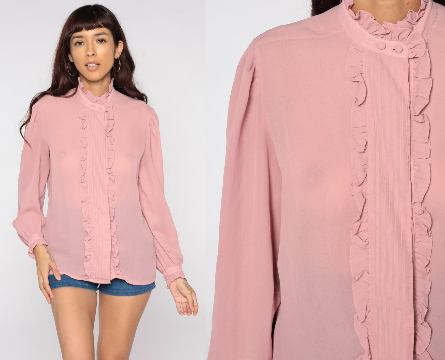 80s Pink Sheer Ruffle Tuxedo Blouse Puff Sleeve Button Up Medium