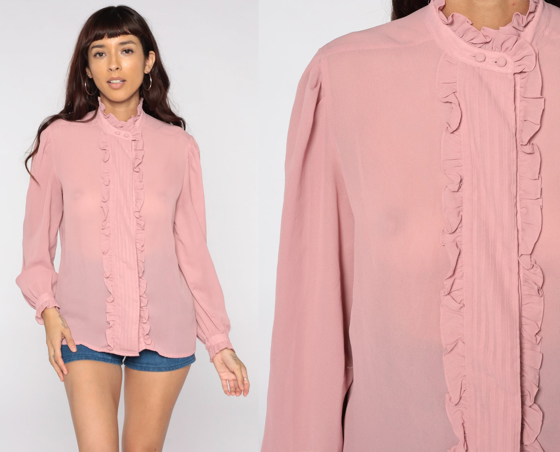 80s Pink Sheer Ruffle Tuxedo Blouse Puff Sleeve Button Up Medium