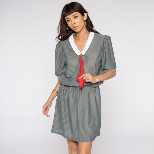 80s Grey Striped Mini Dress Puff Sleeve Ascot Necktie White Collar Medium