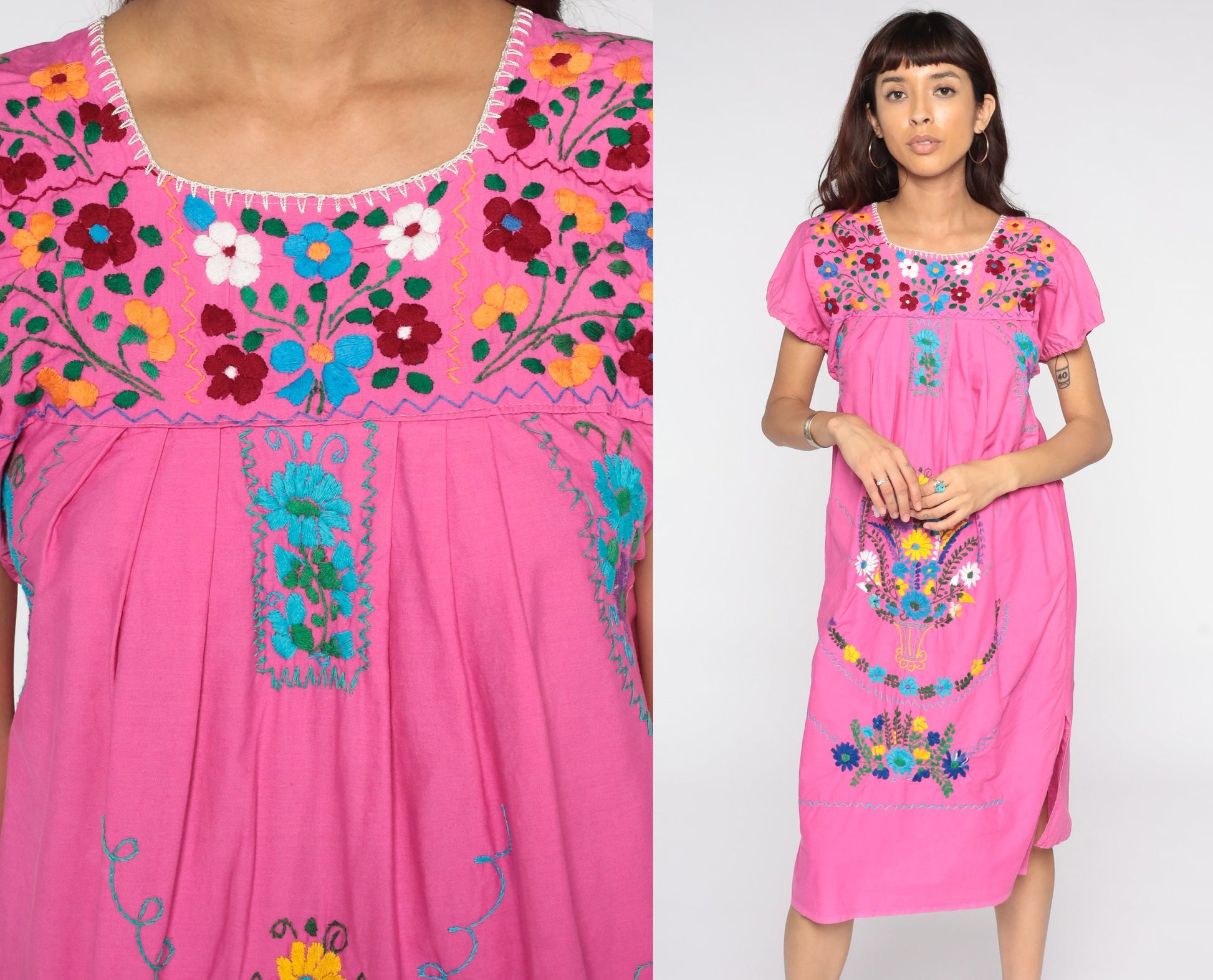 Vintage Mexican Pink Cotton Midi Dress Embroidered Tunic Medium