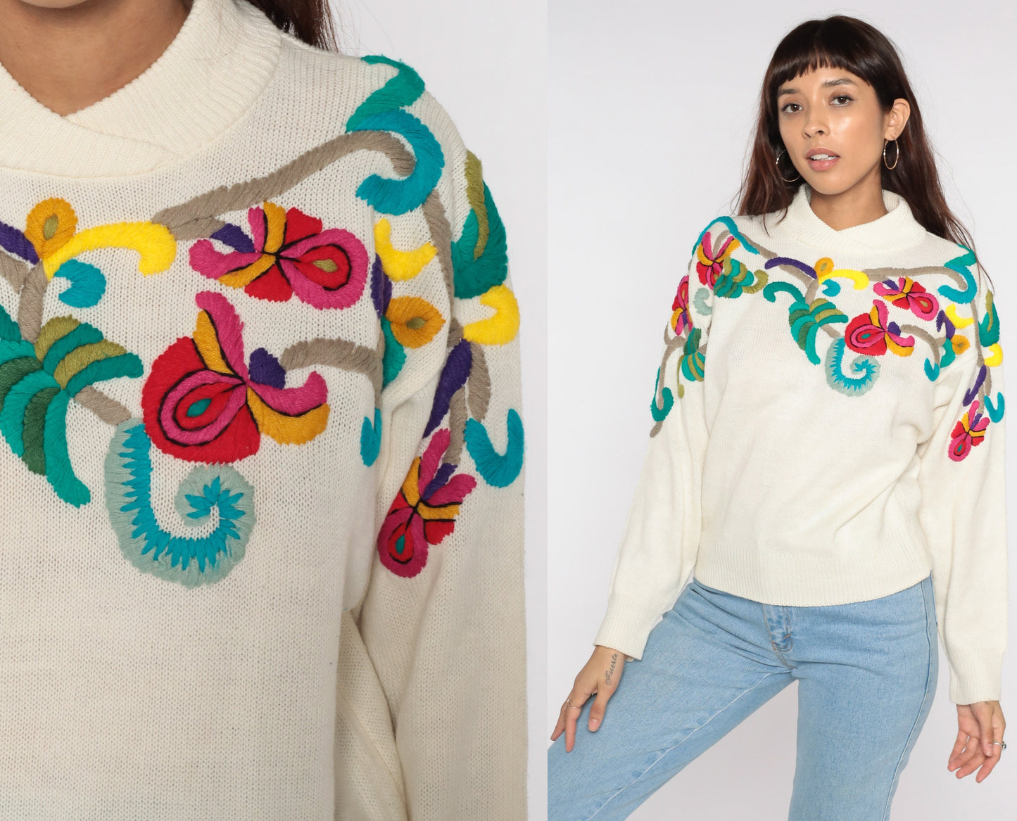 90s Floral Embroidered Cream Knit Sweater Shawl Neck Pullover Medium
