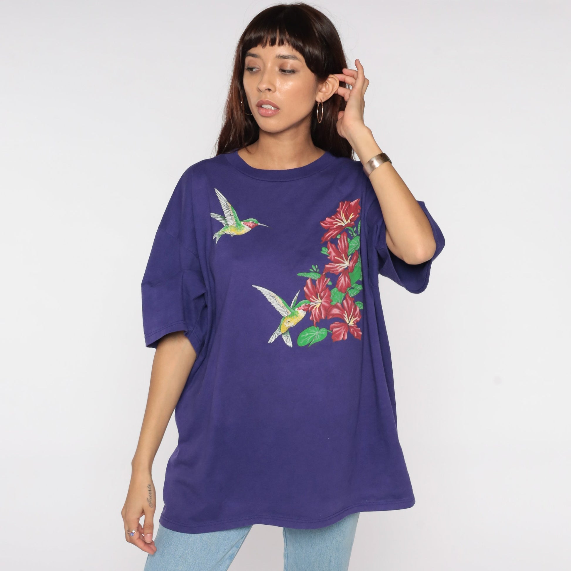90s Hummingbird Canna Flower T-Shirt Purple Graphic Tee Plus Size XXL