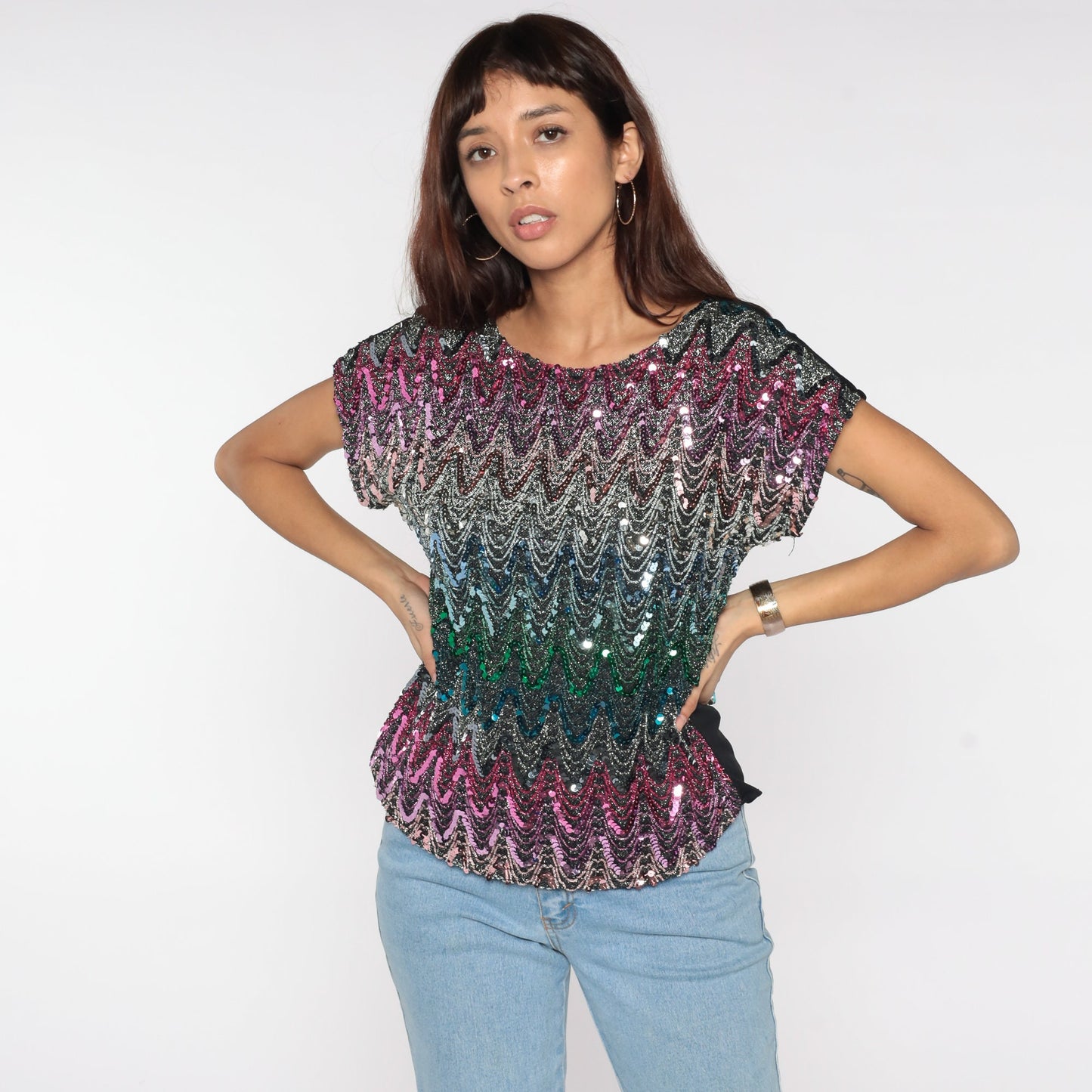 80s Sequin Beaded Blouse Cap Sleeve Black Metallic Pink Blue Green Small Medium