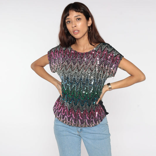 80s Sequin Beaded Blouse Cap Sleeve Black Metallic Pink Blue Green Small Medium