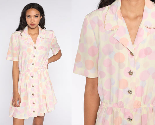 80s Polka Dot Button-Up Mini Dress High Waist Pink Purple Medium Large