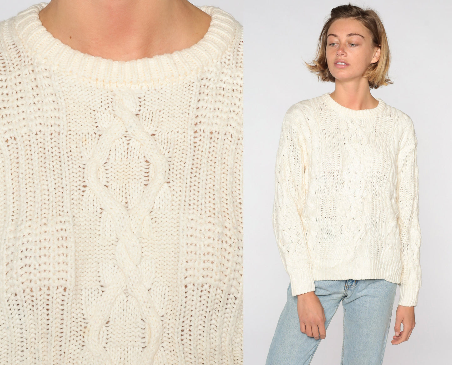 80s Cream Cable Knit Sweater Pullover Crewneck Medium
