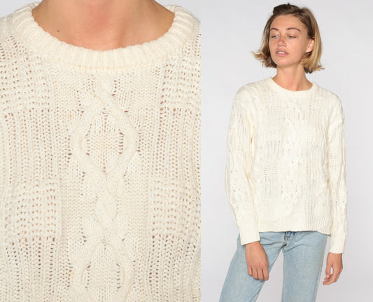 80s Cream Cable Knit Sweater Pullover Crewneck Medium