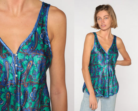90s Green Paisley Satin Camisole Deep V Neck Tank Top Medium