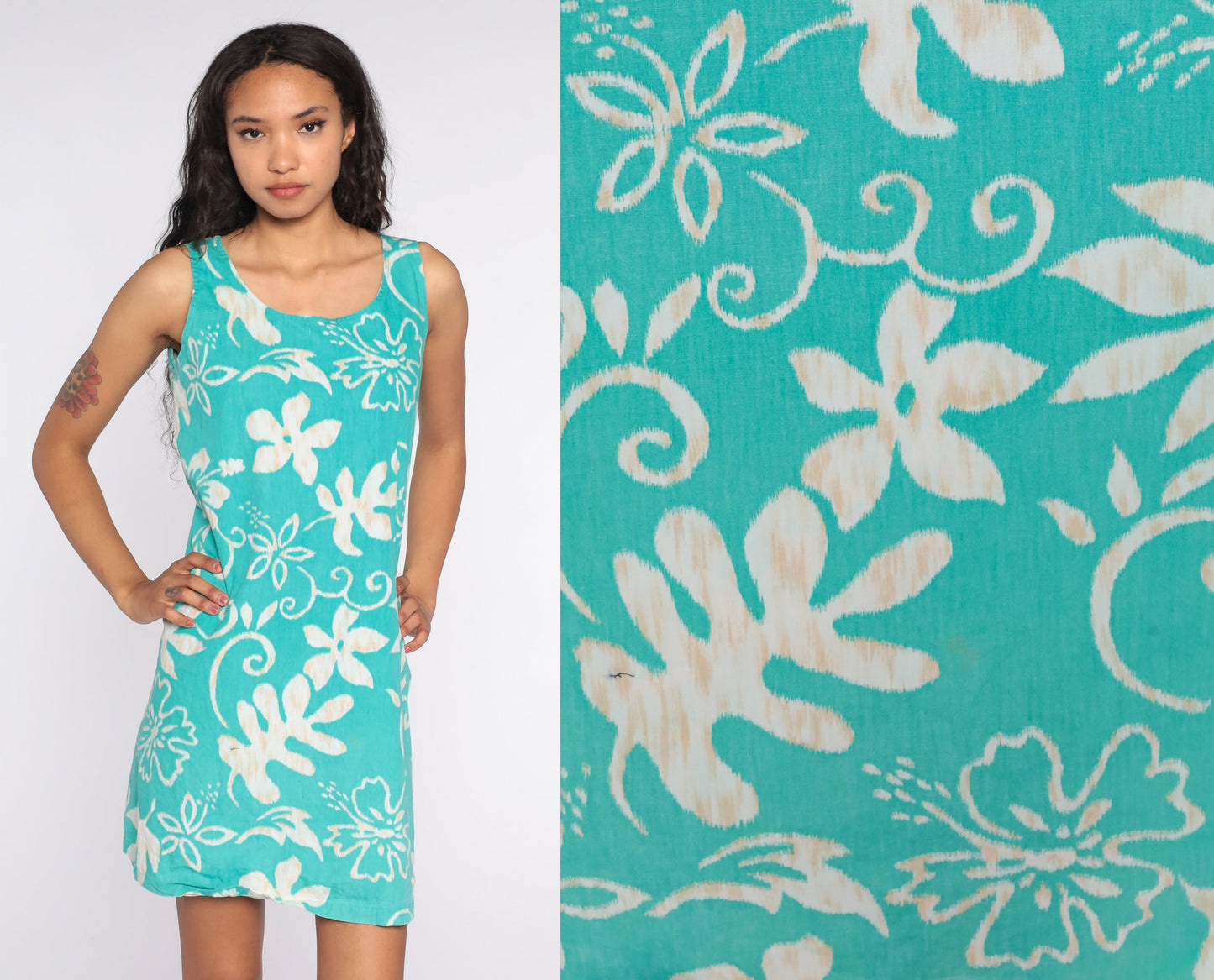 90s Reyn Spooner Hawaiian Mini Dress Turquoise Floral Cotton Medium