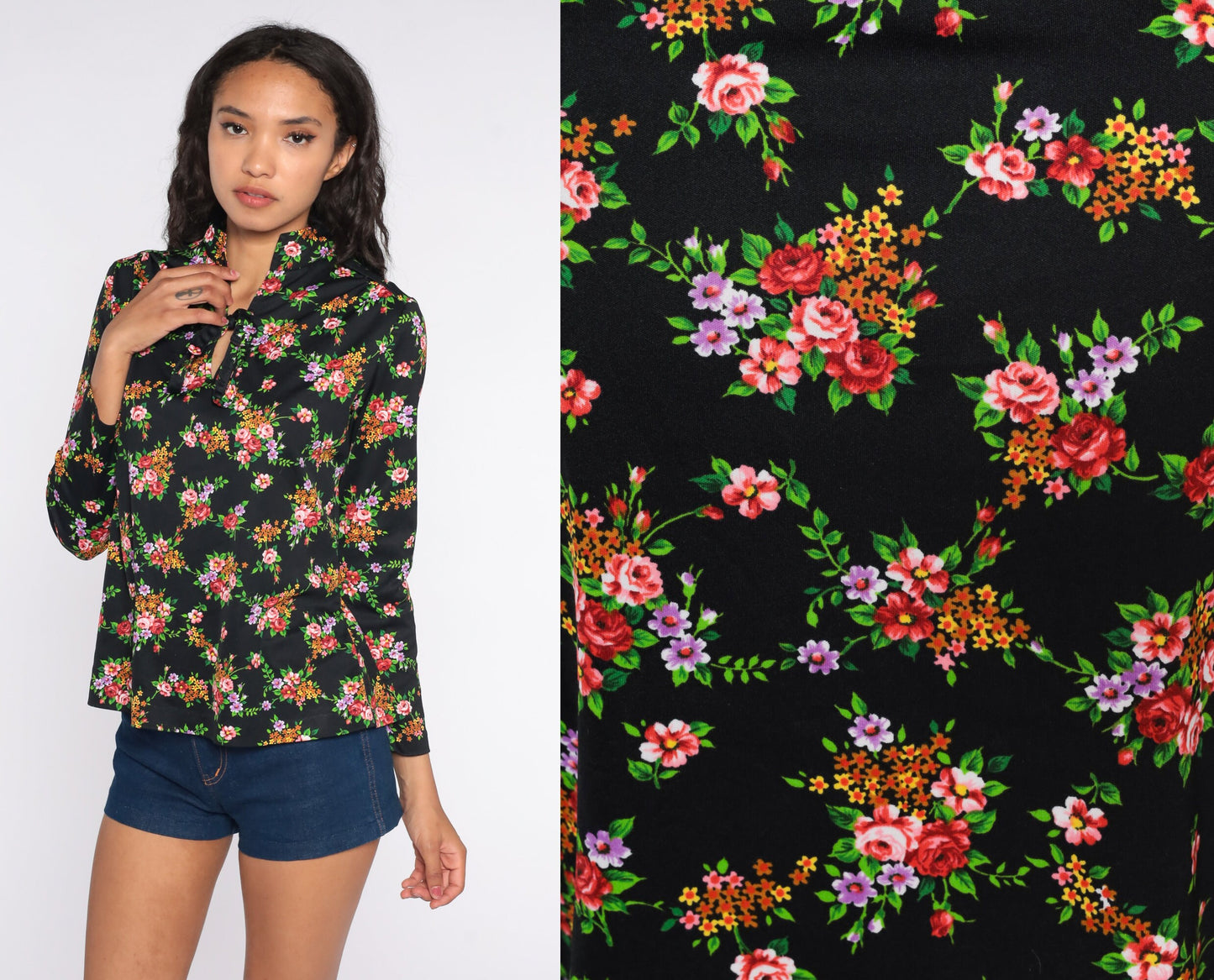 70s Black Floral Ascot Blouse Long Sleeve Neck Tie Top Large L