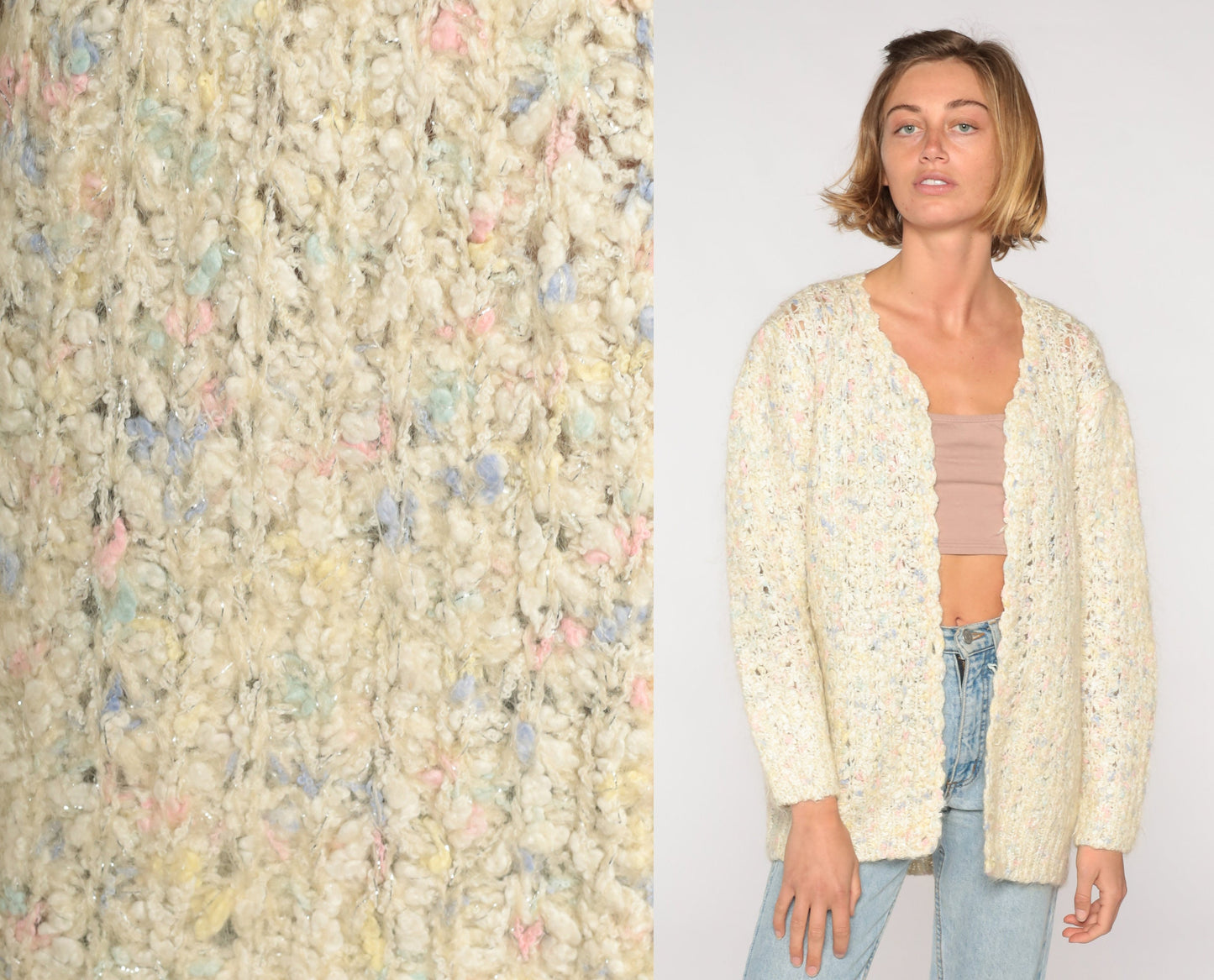 70s Cream Flecked Open Weave Cardigan Sweater Knit Medium Large