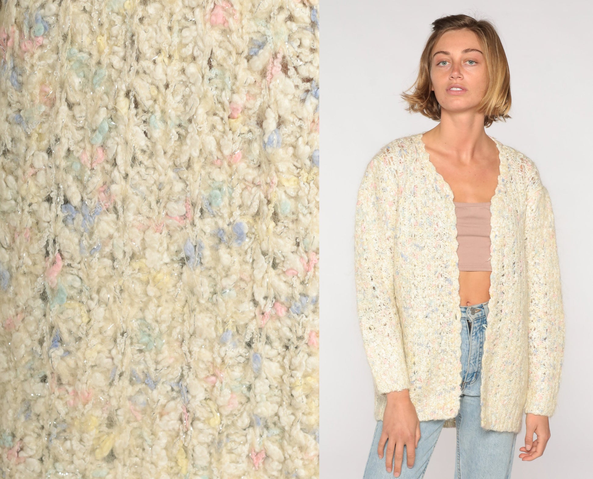 70s Cream Flecked Open Weave Cardigan Sweater Knit Medium Large