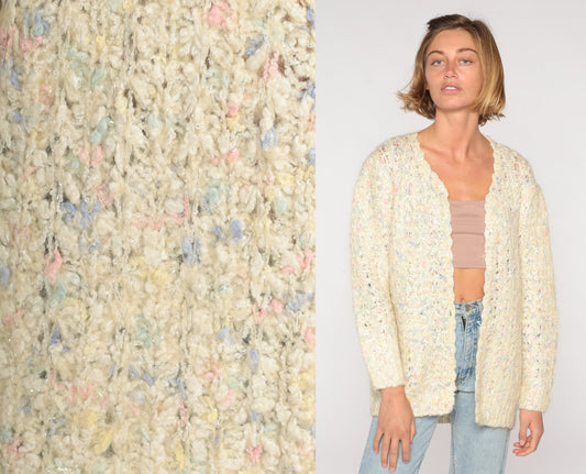 70s Cream Flecked Open Weave Cardigan Sweater Knit Medium Large