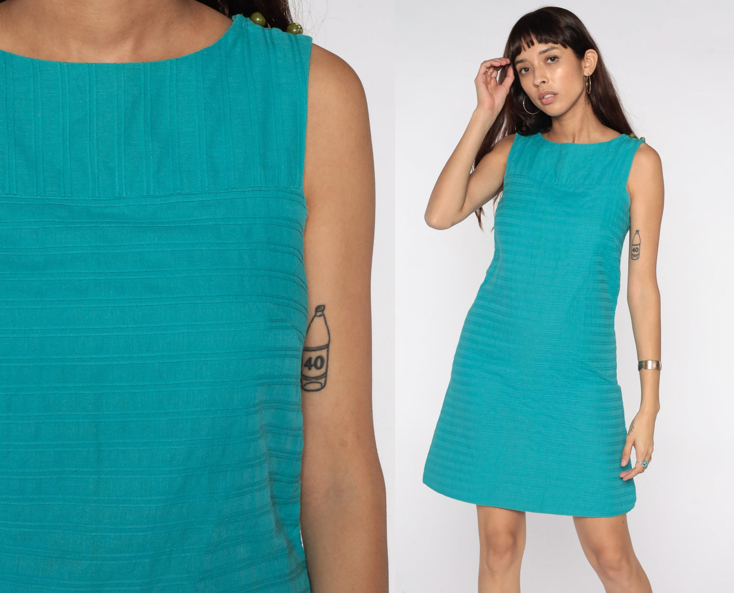 60s Blue Shift Dress Mini Sleeveless Mod Cotton Small